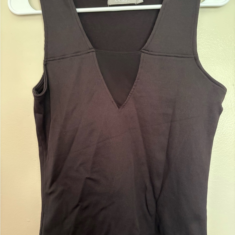 Black Ribbed Top with Mesh Detail